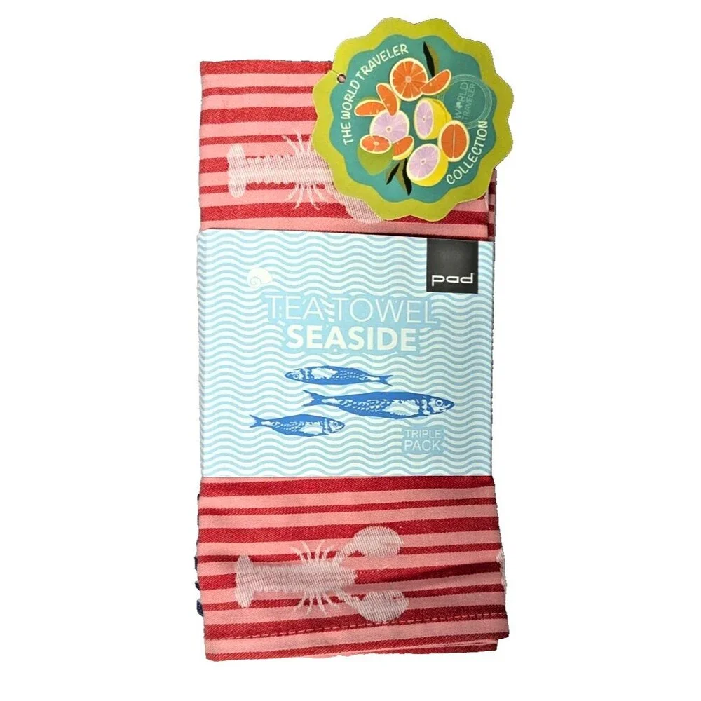 Seaside Lobster Striped Tea Towels 3-pc Cotton 50 x 70-in Red Blue Tan 50